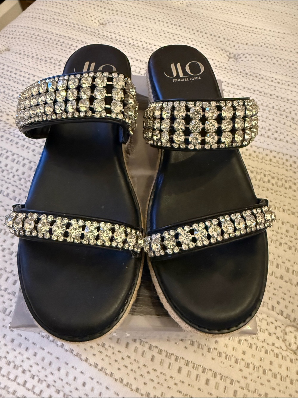 Jennifer Lopez Black Crystal-Embellished Double-Strap Slide Sandals